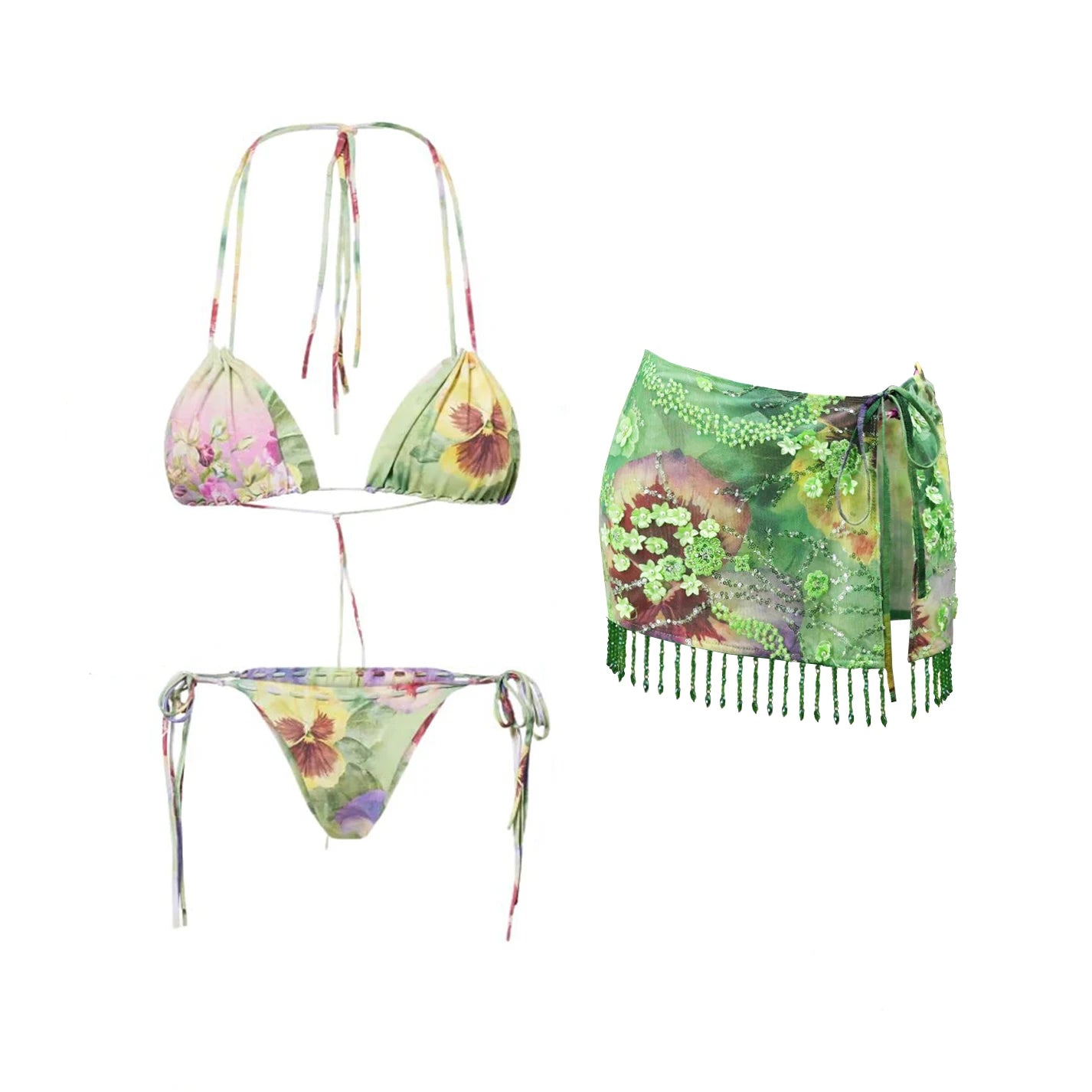 Floral Bikini With Diamond Skirt Women